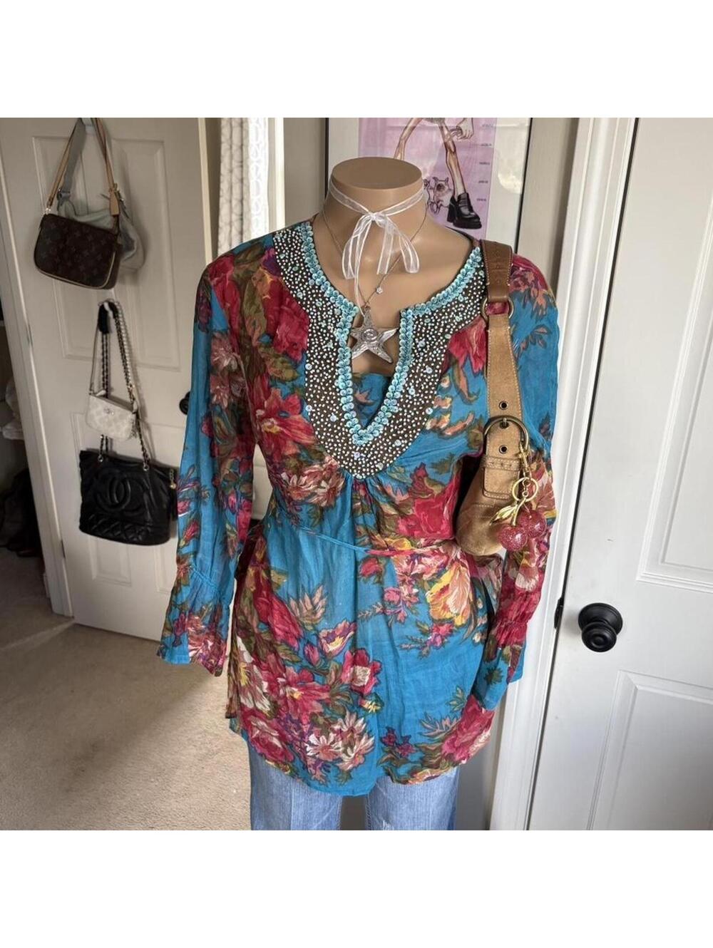 y2k 2000s avant garde sheer blue floral embellished blouse top